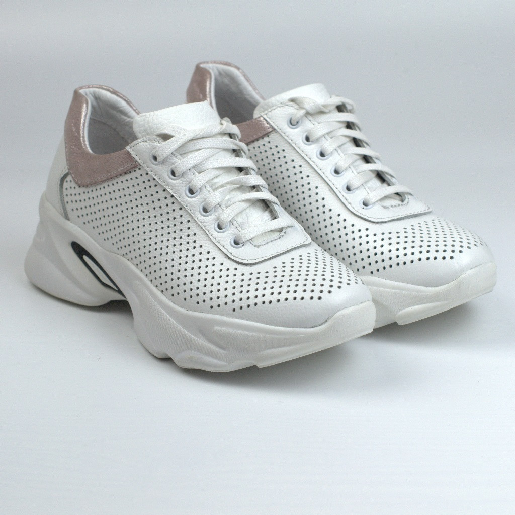 Кроссовки Кожаные Белые Перфорация Женская Летняя Обувь на Платформе ...