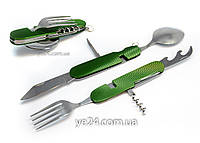Туристичний набір 6в1 SENIK - Ложка, виделка, ніж, штопор, шило, відкривачка Зелений