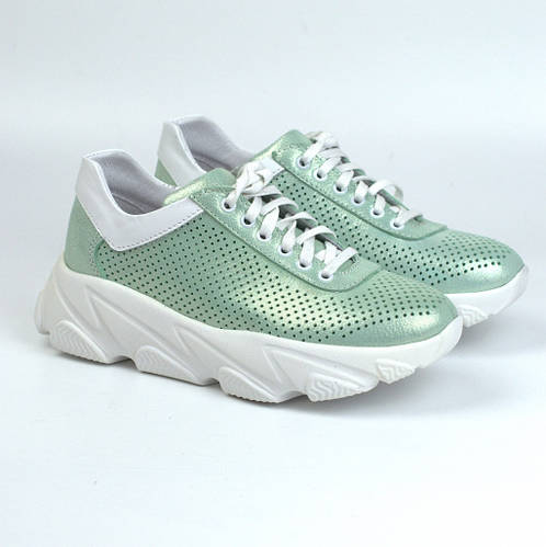 Мятные летние кроссовки кожаные перфорация женская обувь больших ...