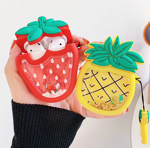 Чохол футляр для навушників AirPods Ананас з рідкими блискітками силіконовий