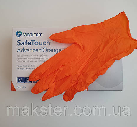 Помаранчеві рукавички з нітрилу (пл. 5 г/м2) Медиком SafeTouch Advanced Orange(100 шт), фото 1