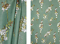 Портьерная ткань Сатен зеленого цвета с цветочным рисунком