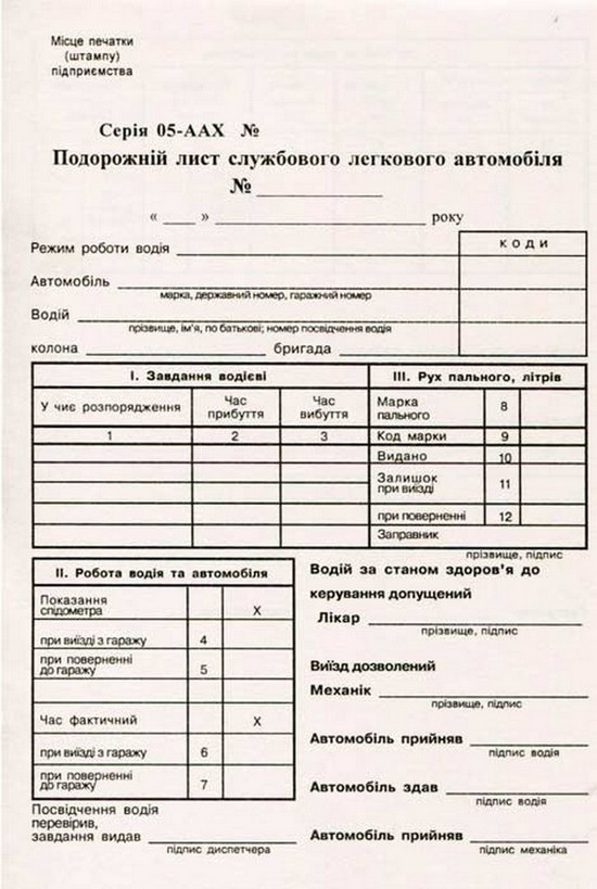Подорожній лист службового легкового автомобіля А5 газетний двосторонній Romus