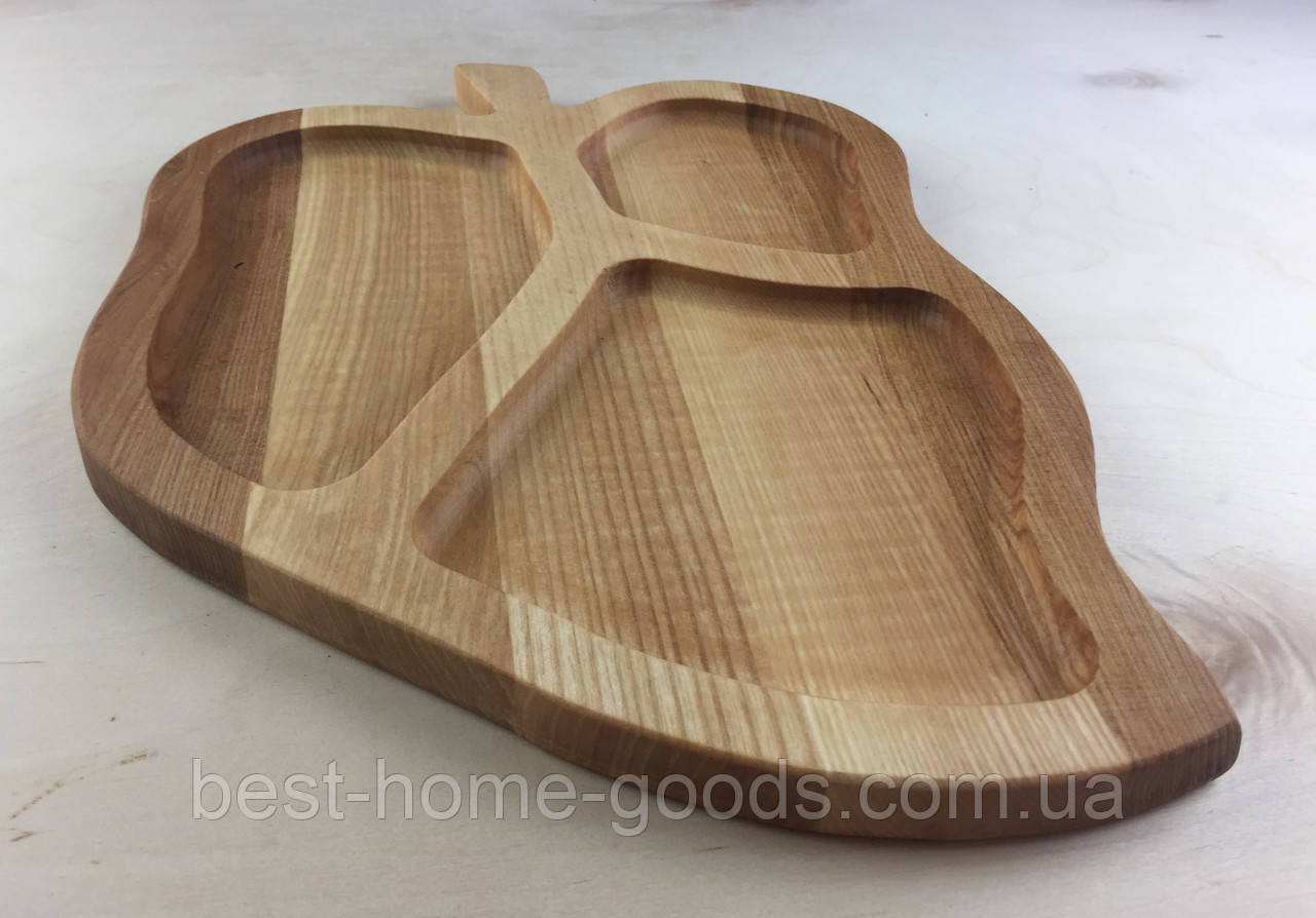Дошка менажниця фігурна дерев'яна дуб і ясен 37×25 см на 3 секції — екологічний натуральний посуд для подачі страв, фото 1