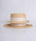 Жіноча солом'яний капелюх канотьє з вузькими полями., фото 4