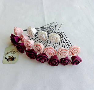 Набір Шпильок для волосся ручної роботи "Трояндочки Бордові і Персикові"