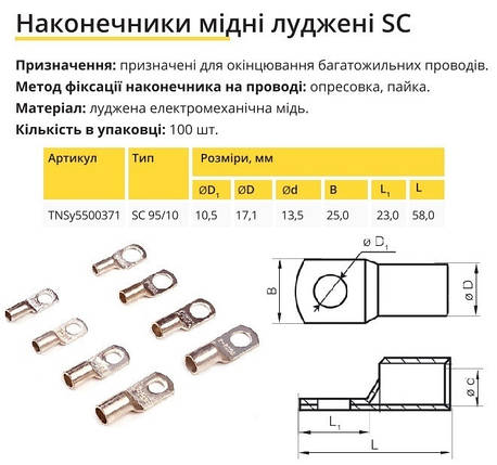 Наконечник мідний луджений SC 95/10 Ny95500371, фото 2