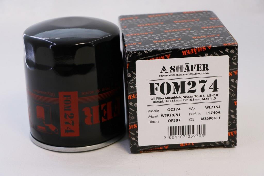 Фільтр масляний SHAFER FOM274 Mitsubish, Nissan 70-07, 1.8-2.0 Diesel, H=128mm, D=102mm, M26*1.5