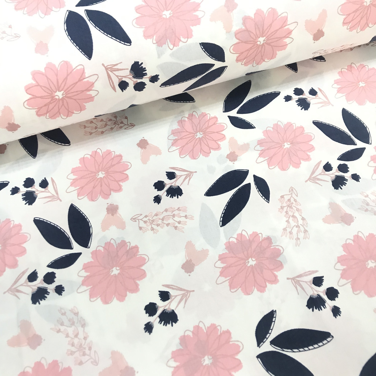 Тканина поплін квіти синьо-рожеві на білому (глітер) (ТУРЦІЯ шир. 2,4 м) (R-FR-0137), фото 1