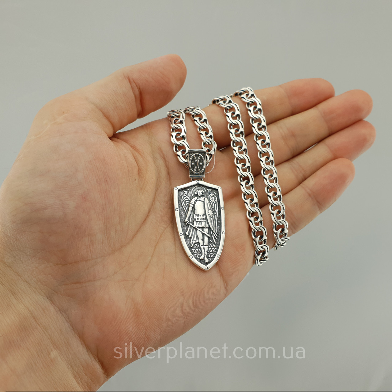 Комплект! Чоловічий срібний ланцюжок і підвіс Архангел Михайл. Бісмарк 65 см і кулон ангел хранитель, фото 1