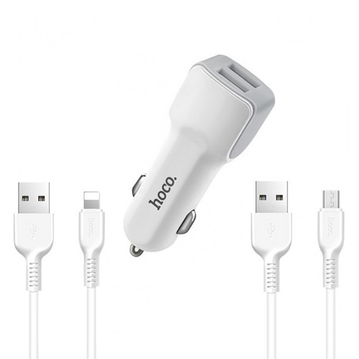 Автомобільний зарядний пристрій Hoco Z23 2USB 2.4 A (White-Gray) | Зарядка в авто + кабель