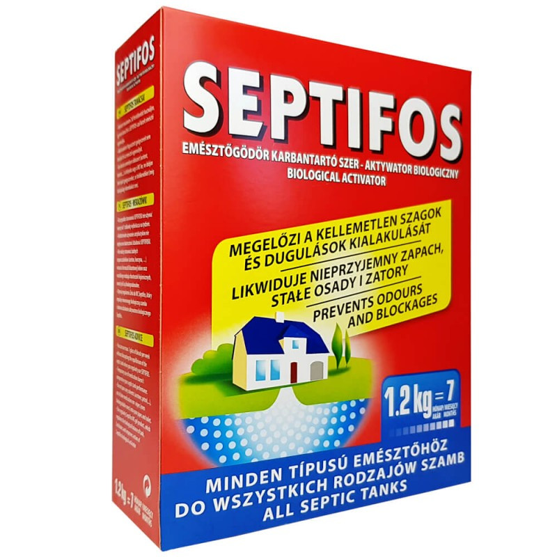 Біопрепарат "Septifos vigor 1.2 кг" на 7 міс. для вигрібних ям, септиків, вул.туал. (Пакет із мірною ложкою в коробці)