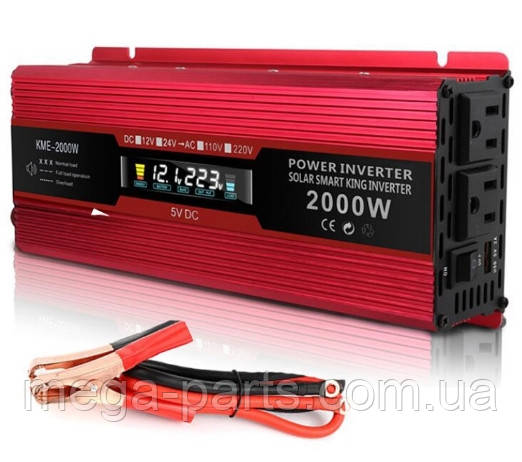 Перетворювач струму. Автомобільний інвертор 12 V — 220 V 2000 W LCD-дисплей USB Red Синусоїдна хвиля