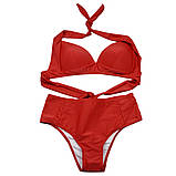 Купальник жіночий роздільний однотонний з високою талією, розмір S (червоний), фото 2