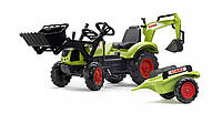 Детский трактор на педалях с прицепом, передним и задним ковшом Falk 2070Y CLAAS ARION (цвет- зеленый)