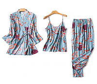 Комплект для сна, дома из 3 предметов. Пижама женская хлопковая с цветочным принтом (голубая)