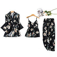 Комплект для сна, дома из 3 предметов. Пижама женская хлопковая с цветочным принтом, размер XL (черная)