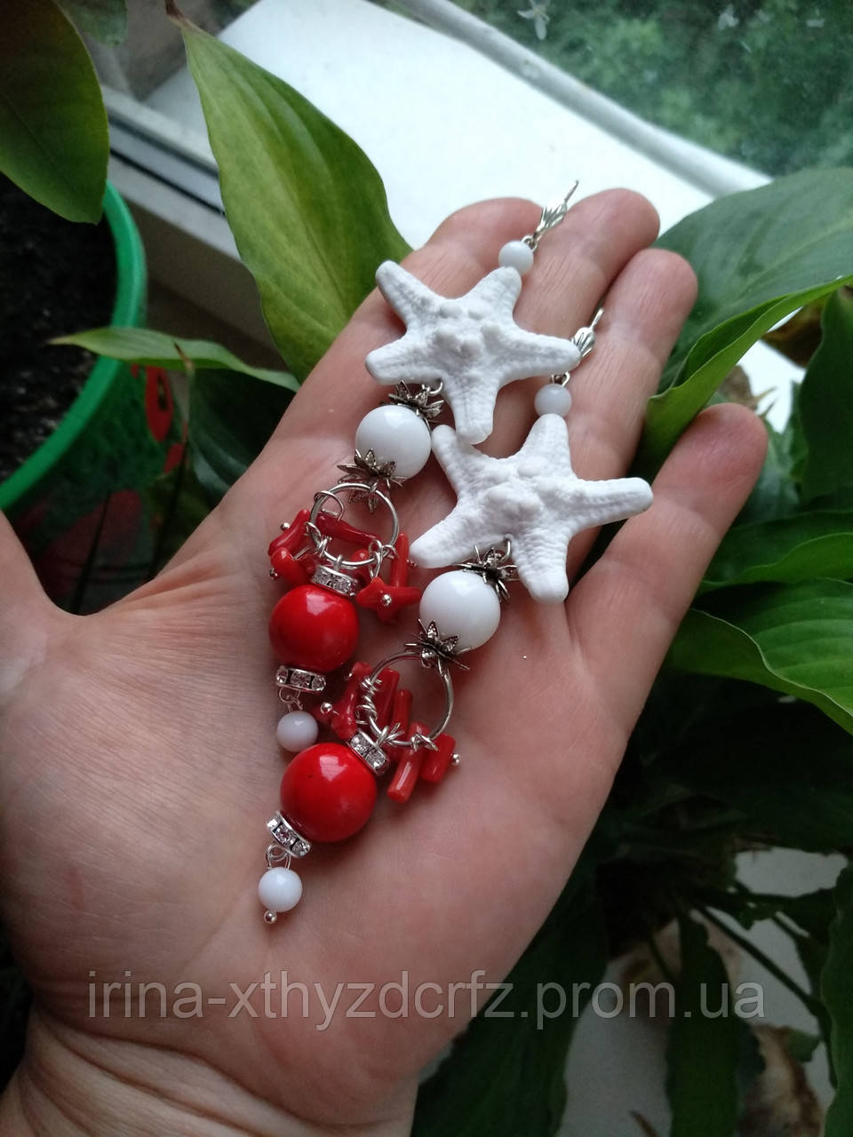 Червоно білі сережки з коралом і білим агатом у морському стилі., фото 1