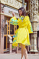 Желтое платье короткое лен, яркая вышивка, яркое желтое платье короткое с вышивкой на льне