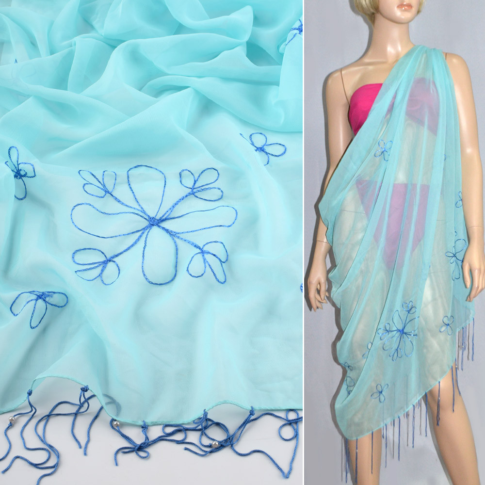 Парео (1,7 х 1,0) бірюзове з вишивкою і бахромою (59907.006)