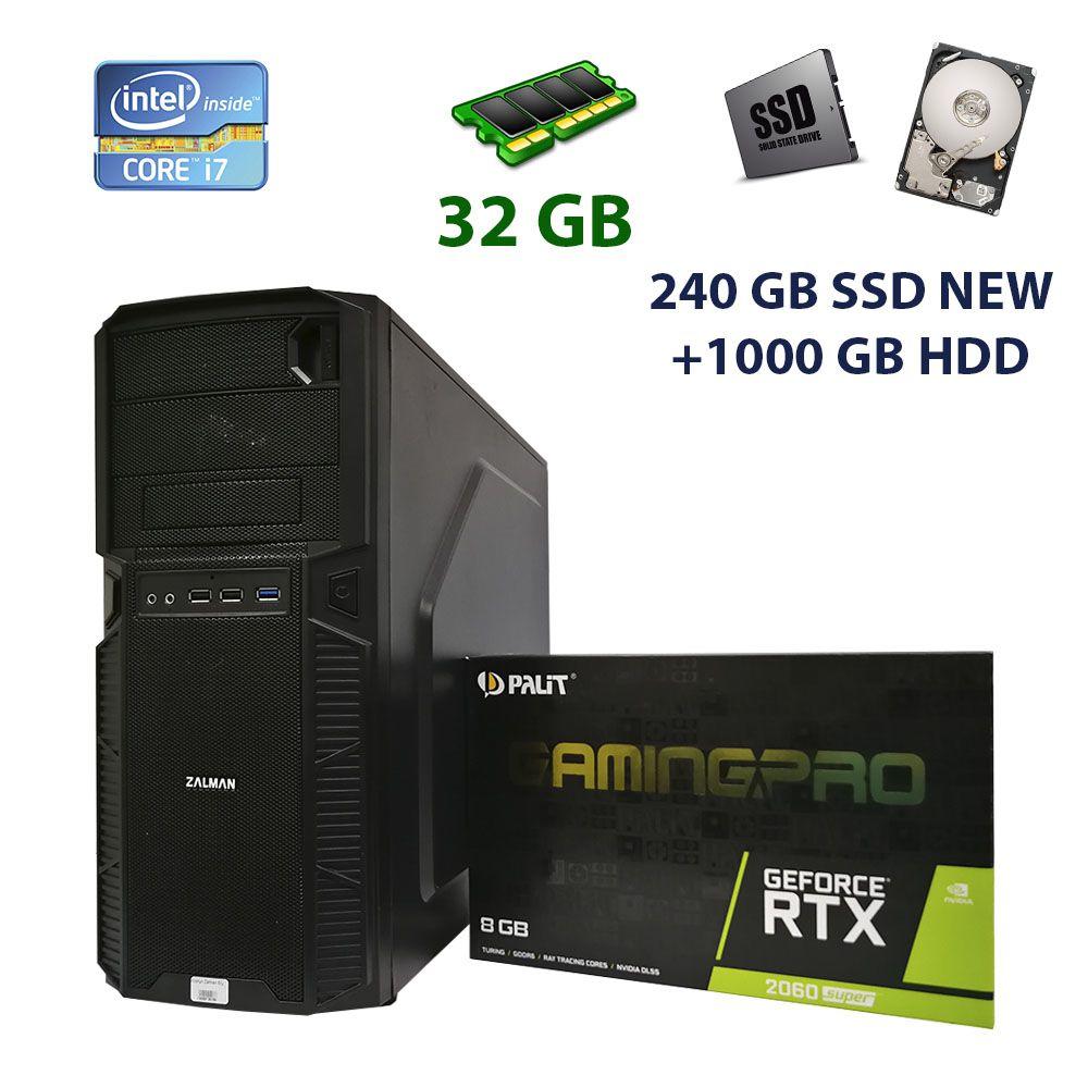 Zalman Tower / Intel Core i7-4770 (4 (8) ядра по 3.4 - 3.9 GHz) / 32 GB DDR3 / 240 GB SSD NEW+1000 GB HDD / nVidia GeForce RTX 2060 Super, 8 GB GDDR6,