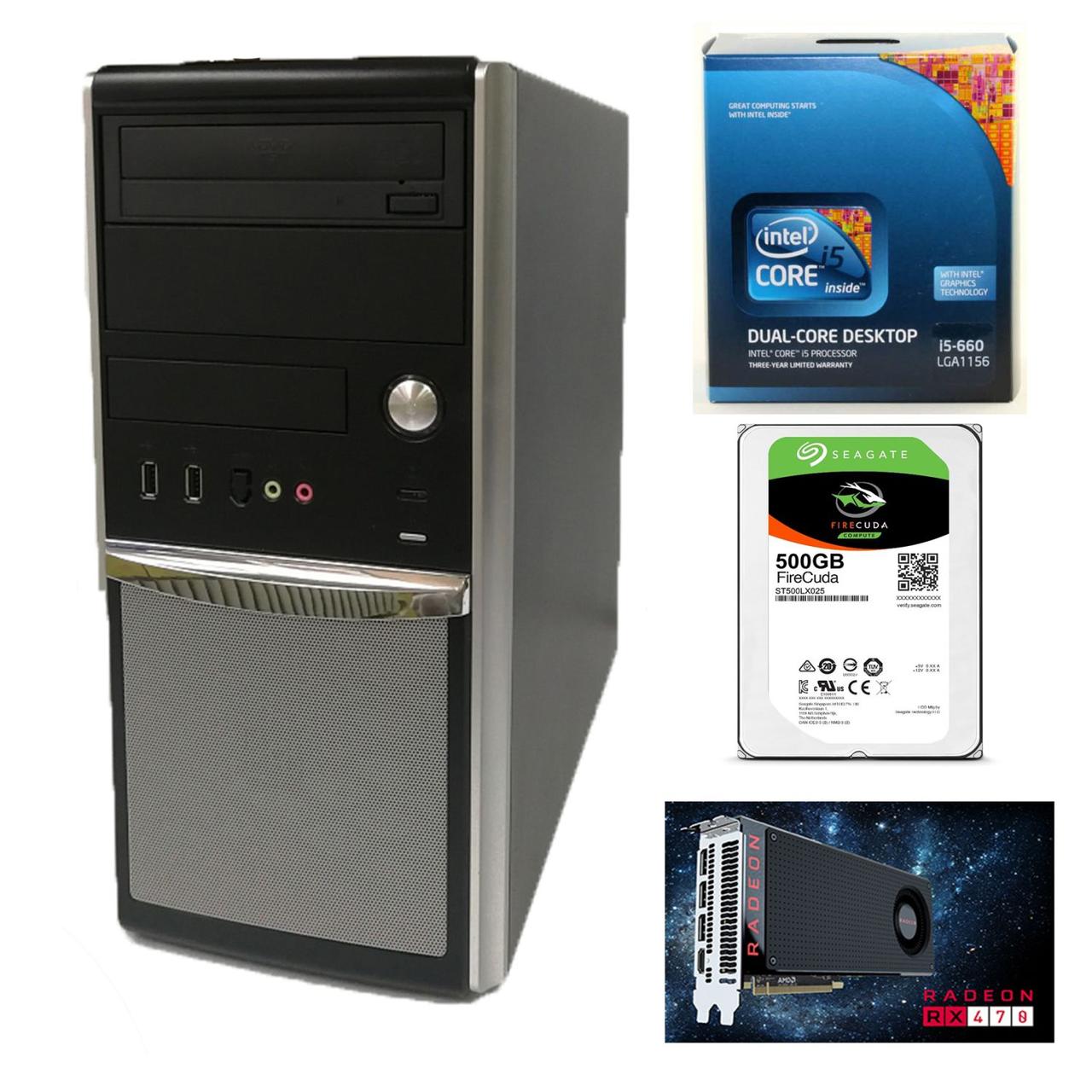 EuroCom Tower/Intel Core i5-660 (2(4) ядра по 3.33-3.6GHz) / 8GB DDR3 / 500 GB SSHD / БЖ Chieftec 600 W NEW / AMD Radeon RX470 4Gb GDDR5 256bit