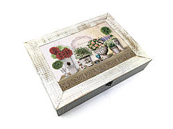 Дерев'яна прямокутна чайна коробка "Прованс" - "Букети жоржин та троянд" 28 38 см