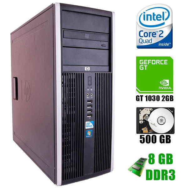 HP 8000 Tower Intel Core 2 Quad Q9400 4 2.66 GHz 8GB DDR3 500GB HDD nVidia GeForce GT 1030 2GB GDDR5 DVD RW