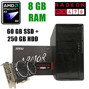 EuroCom ATX / AMD Phenom x3 B75 (3 ядра по 3.00 GHz)/ 8GB DDR3/ 60GB SSD+250GB HDD/ БП 1300W NEW/ Radeon RX470 4GB DDR5 256bit / HDMI, DVI, DP, фото 2