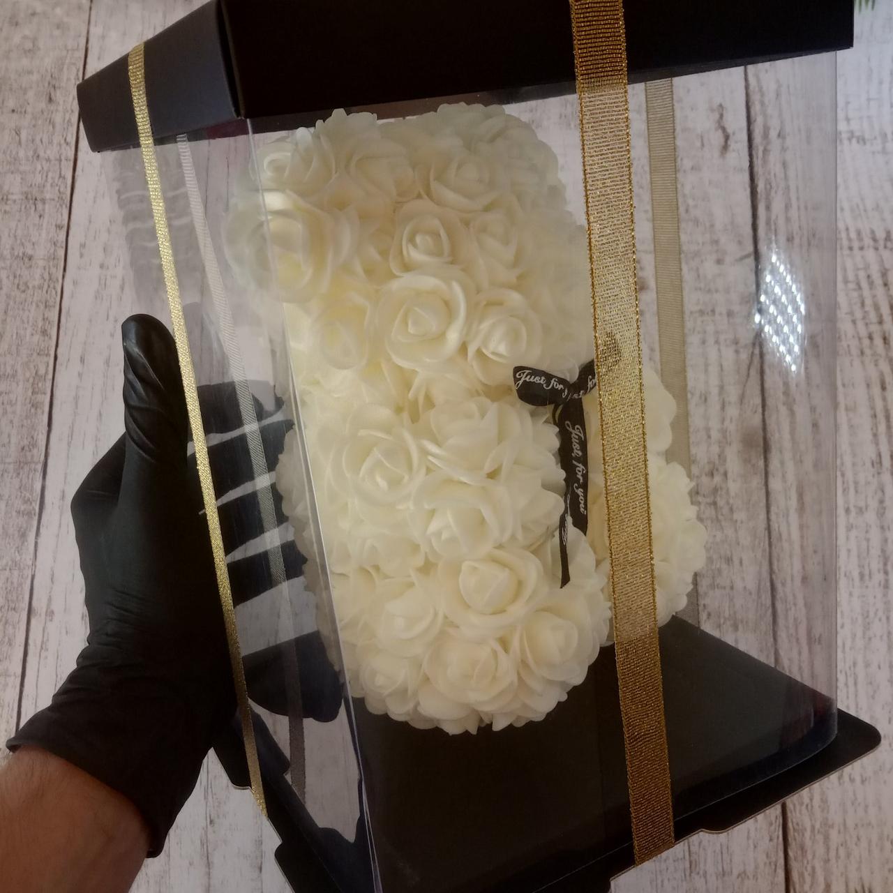 Мишка из 3D роз 25 см в подарочной упаковке, мишка из роз, оригинальный подарок для девушки белый (живые фото) - фото 3 - id-p1213517456