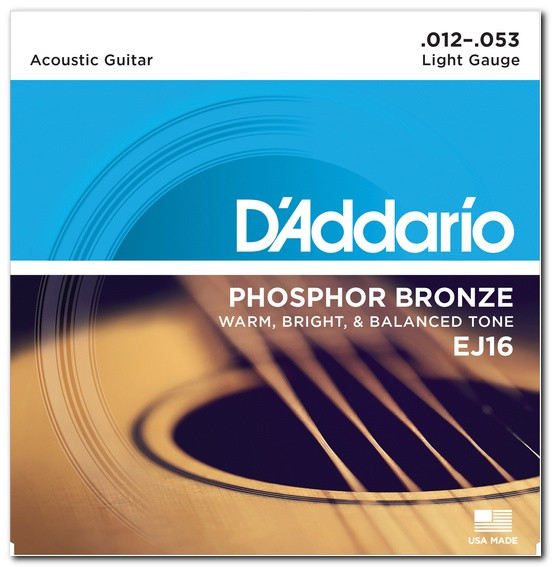 Струны для акустической гитары D`ADDARIO EJ16 PHOSPHOR BRONZE LIGHT 12-53