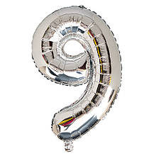 Фольгована куля — цифра "9" срібло 76 см (для надування гелієм або повітрям)
