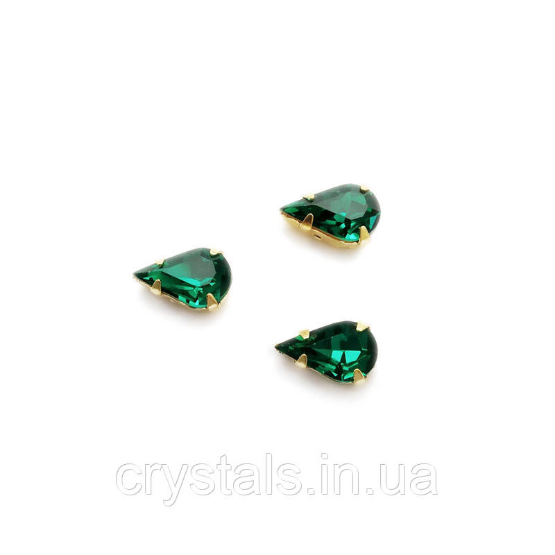 Краплі в цапах Preciosa (Чехія) 13х7.8 мм Emerald/золото