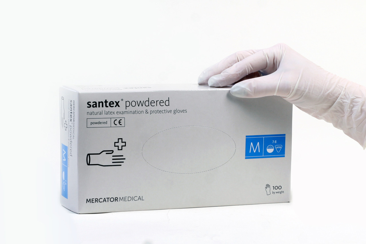 Рукавички медичні оглядові нестерильні латексні опудрені Santex powdered M (50 пар/уп)