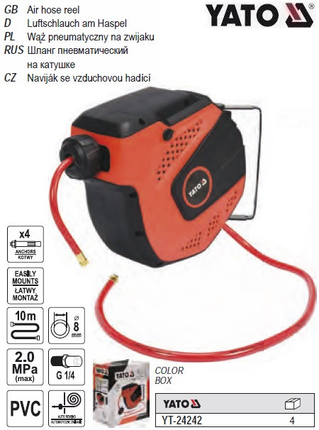 Шланг пневматичний YATO ПВХ на котушці 20 Bar Ø=8 l=10 м YT-24242