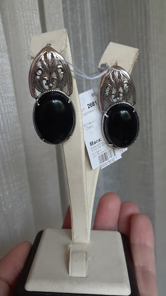 Срібні сережки-підвіски з оніксом, фото 1