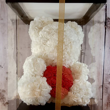 Мишко з рожевих 3D троянд 40 см в подарунковій упаковці ведмідь Тедді білий (Живі фото!), фото 2