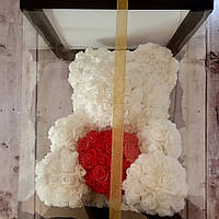 Мишка из 3D роз 40 см в подарочной упаковке, из роз, оригинальный подарок для девушки белый (живые фото)
