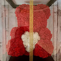 Мишка из розовых 3D роз 40 см в подарочной упаковке медведь Тедди красный (Живые фото!)