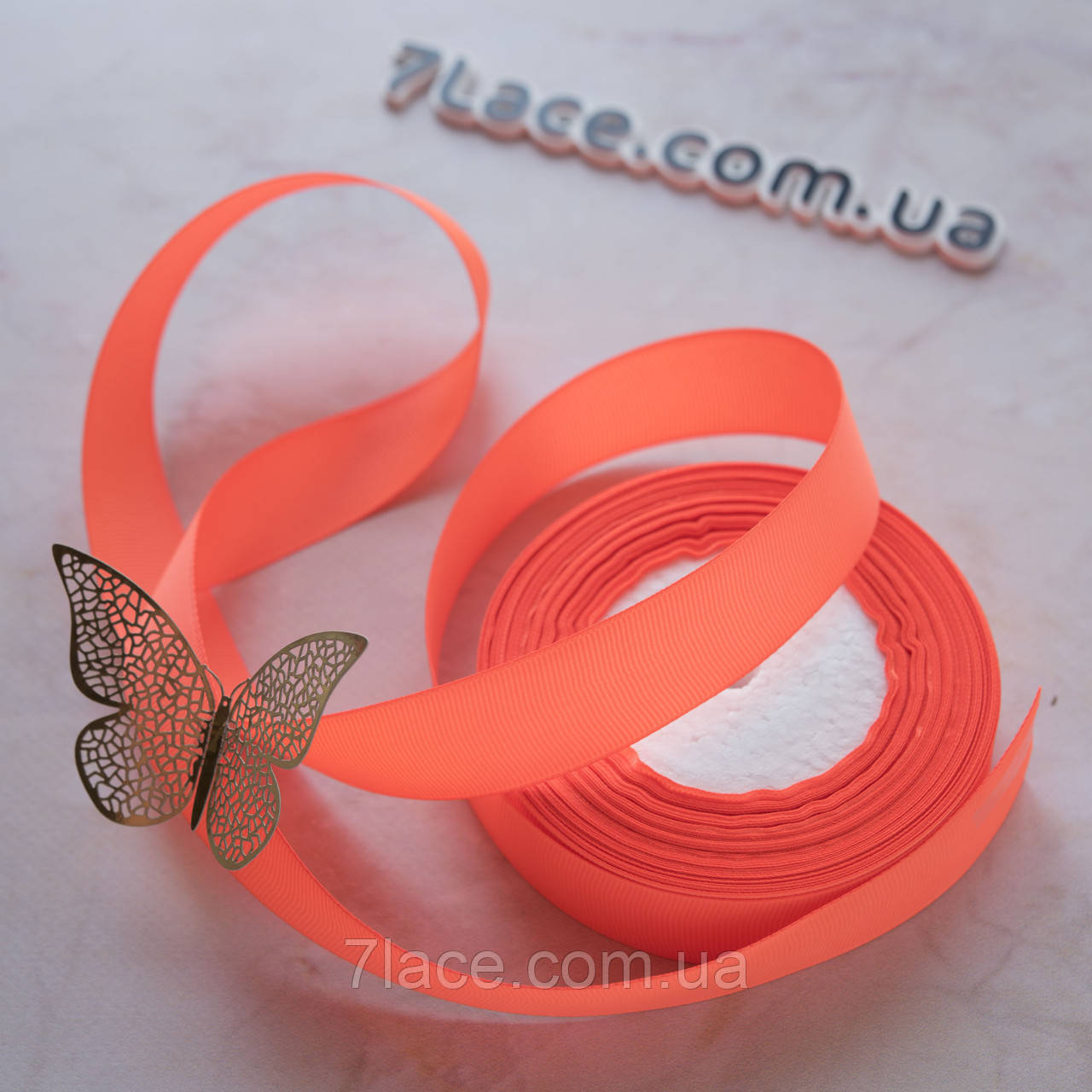 Репсова стрічка 2,5 см/колір неон жовтогарячий/ширина 2,5 см/бобіна 23 м, фото 1