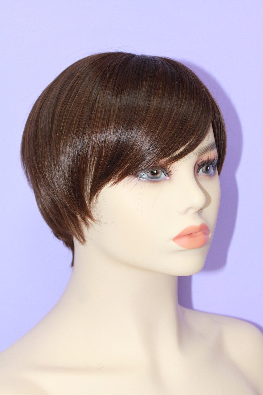 Перука штучні волосся термоволокно коротка стрижка з чубком темно коричневий, фото 1