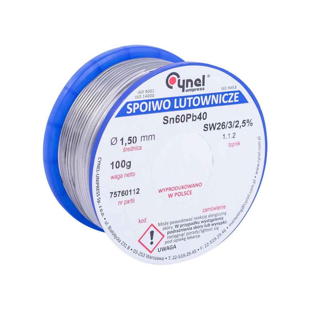 Припій з флюсом Cynel для паяння олов'яно-свинцевий (S-Sn60Pb40 sw26/3/2.5%) 100 гр (1.5 мм)