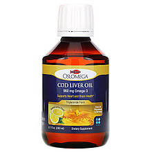 Жир печінки норвезької тріски, натуральний лимонний смак, 960 мг, 200 мл Oslomega