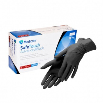 Рукавиці одноразові хірургічні, Супер міцні рукавиці Medicom, чорні нітрилові, щільні.