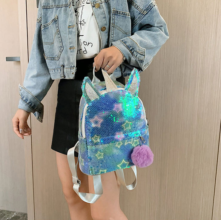 Рюкзак з вушками та рогом Єдинорога в паєтках Синій