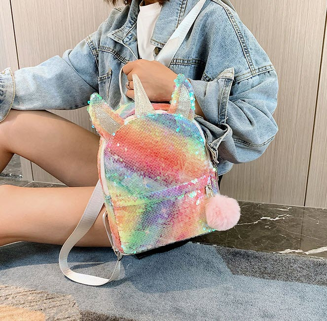 Рюкзак з вушками та рогом Єдинорога в паєтках Веселка