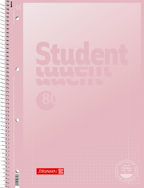 Зошит студент-блок Brunnen А4 на спіралі у клітинку 80 аркушів 90 г/м2 пастель рожевий