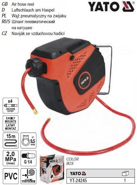 Шланг пневматический YATO ПВХ на катушке 20 Bar Ø=9.5 l=15 м YT-24245