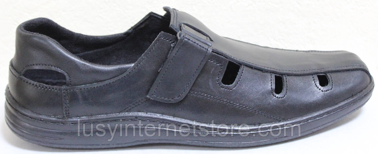 Чоловічі літні туфлі чорні шкіряні на липучці, шкіряне взуття чоловічий від виробника модель АМТ02ЧЛ, фото 1