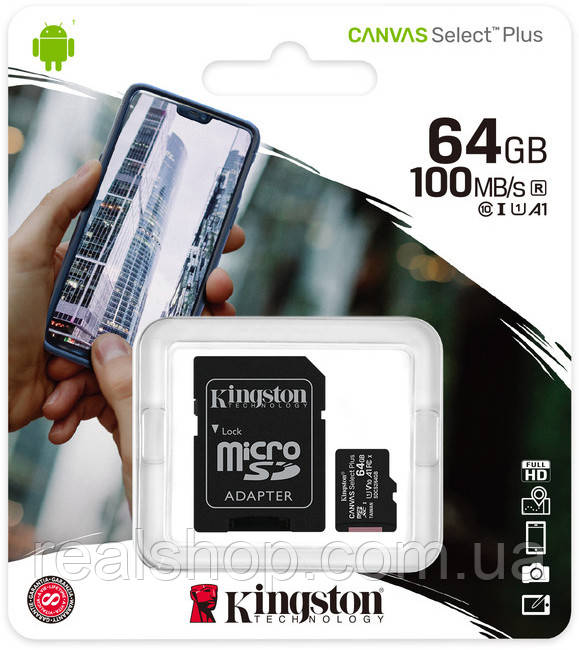 Картка пам'яті Kingston microSDXC 64 GB Canvas Select Plus Class 10 UHS-I U1 + SD-адаптер (SDCS/64GB)